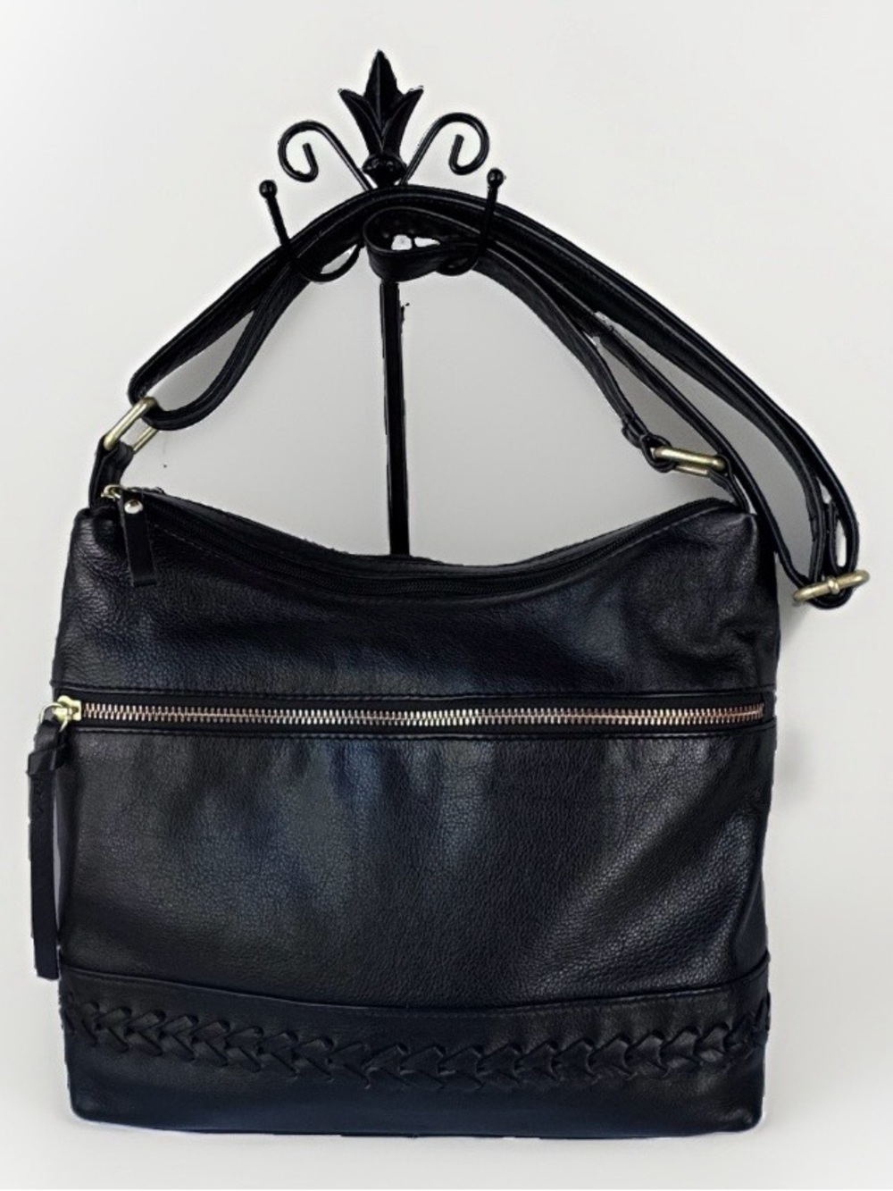 Great American LeatherWorks Black Pebbled Leather Braided Crossbody EUC